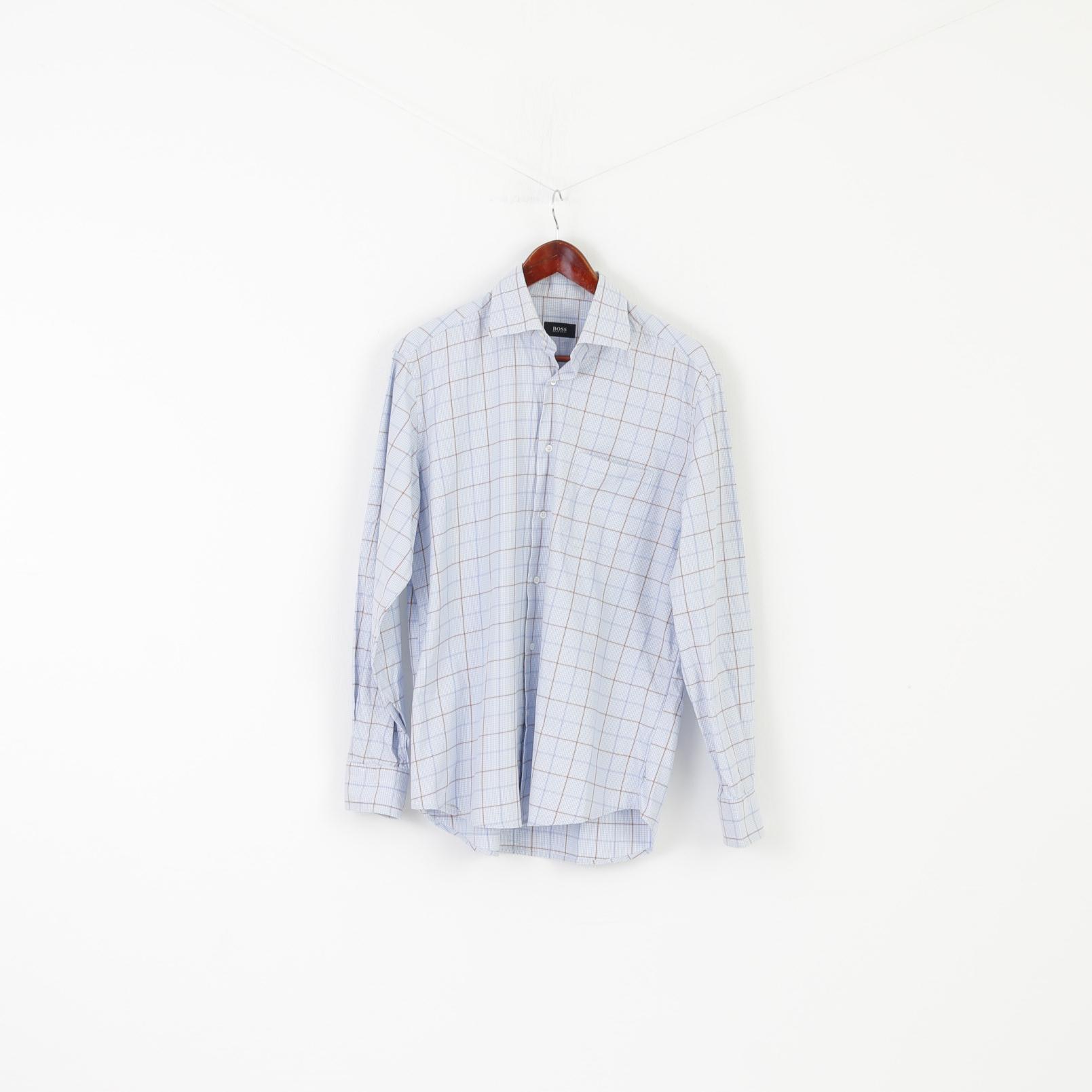 Hugo Boss Men 40  15 3/4 XL Casual Shirt Blue Check Cotton Long Sleeve Top