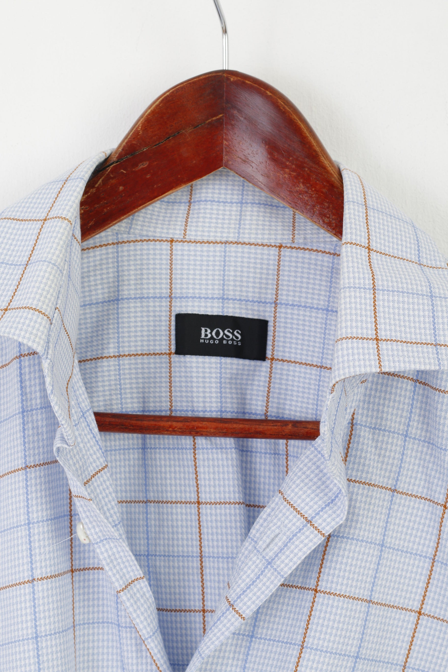 Hugo Boss Men 40  15 3/4 XL Casual Shirt Blue Check Cotton Long Sleeve Top