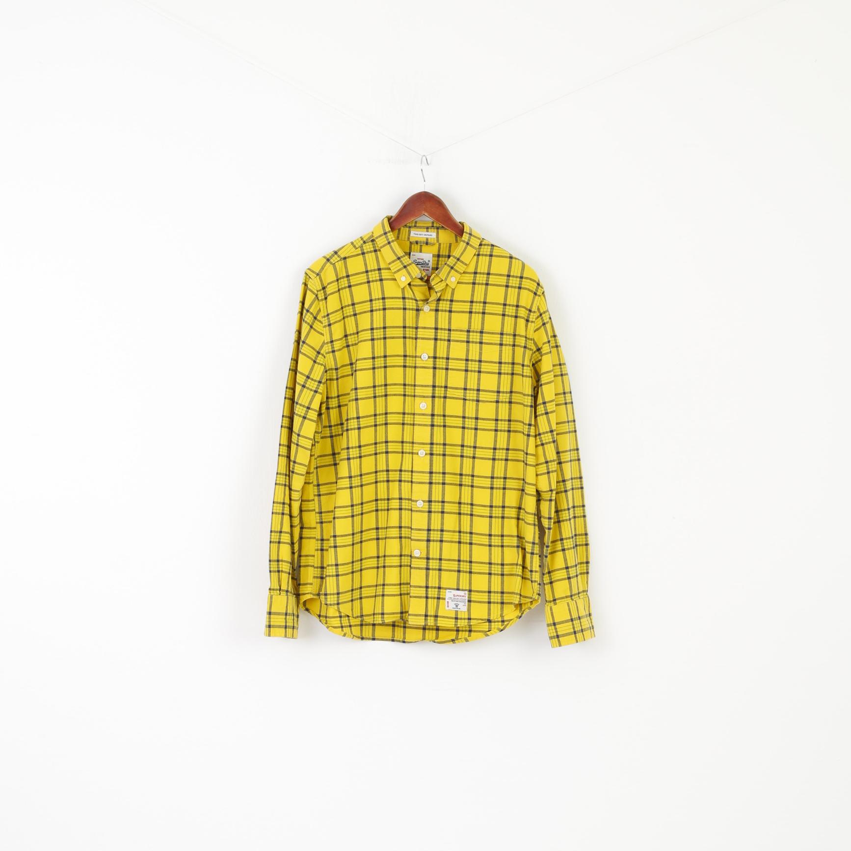 Superdry Men XXL (XL) Casual Shirt Yellow Check Vintage The Dry Oxford Pocket Top