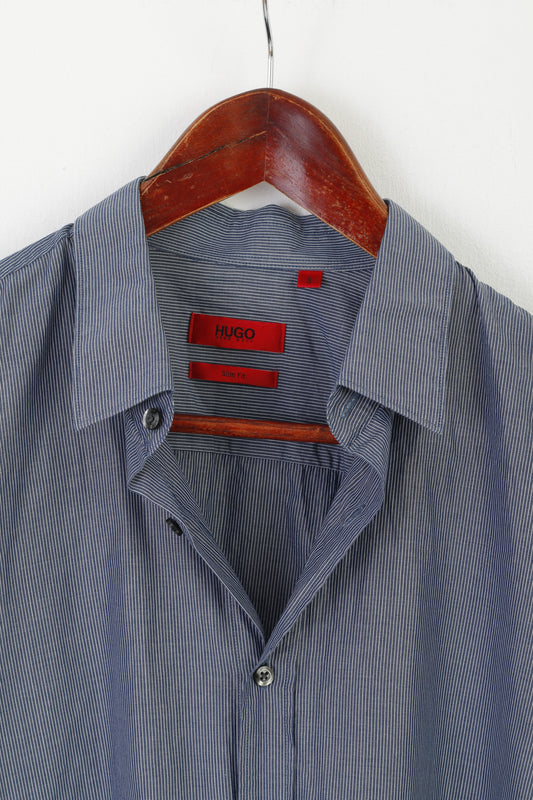 Hugo Boss Men S Casual Shirt Blue Striped Cotton Slim Fit Long Sleeve Top