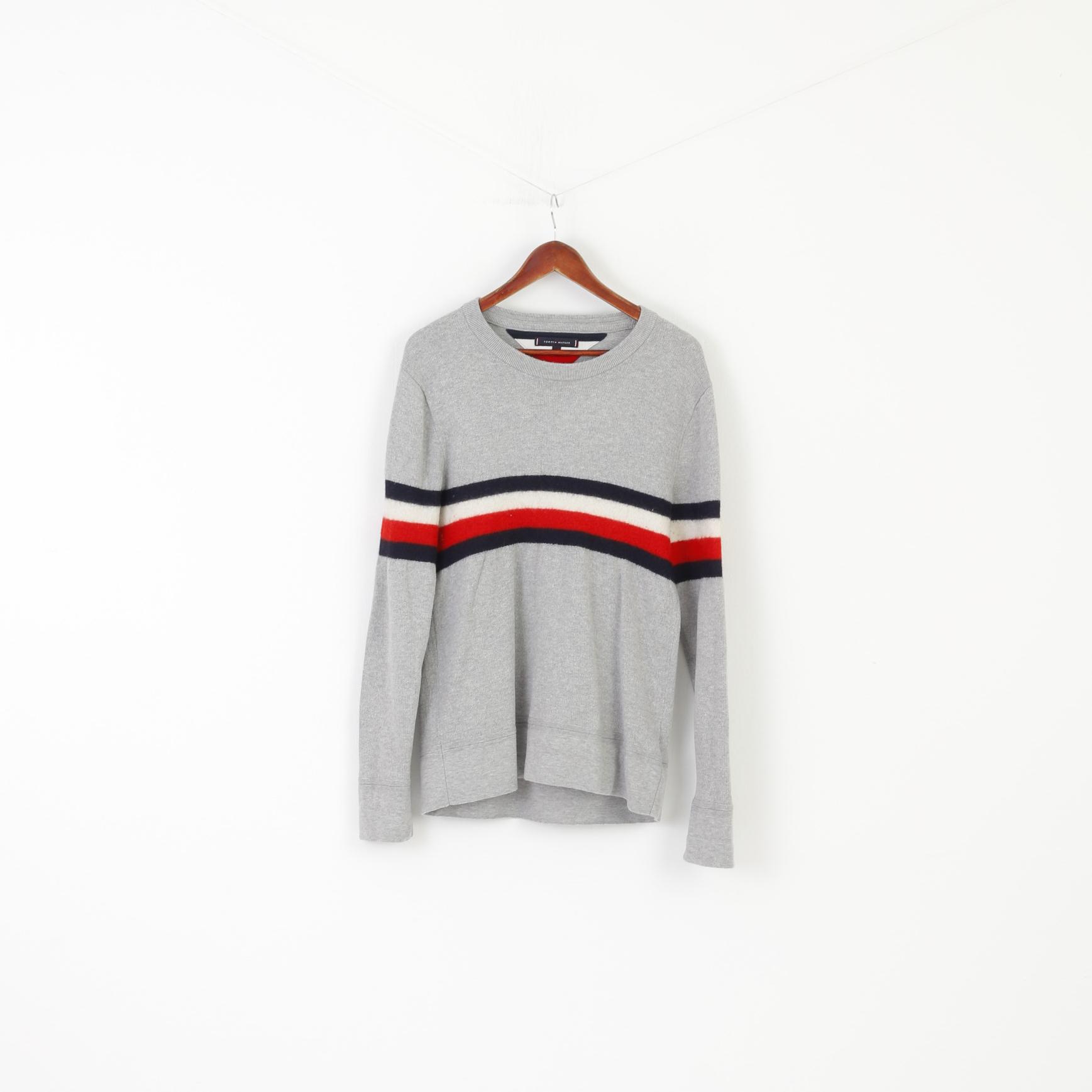 Tommy Hilfiger Men L (M) Jumper Gray Cotton Wool Blend Classic Crew Neck Sweater