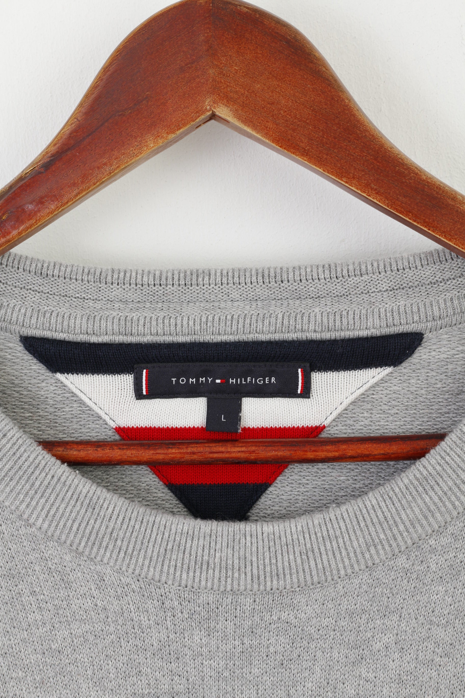 Tommy Hilfiger Hommes L (M) Pull Gris Coton Laine Mélange Classique Ras Du Cou Pull