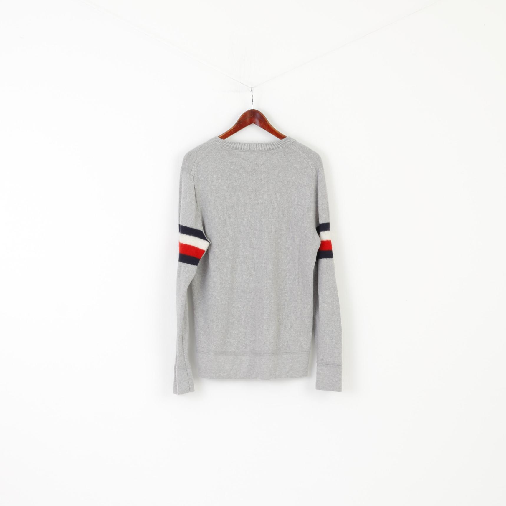Tommy Hilfiger Hommes L (M) Pull Gris Coton Laine Mélange Classique Ras Du Cou Pull