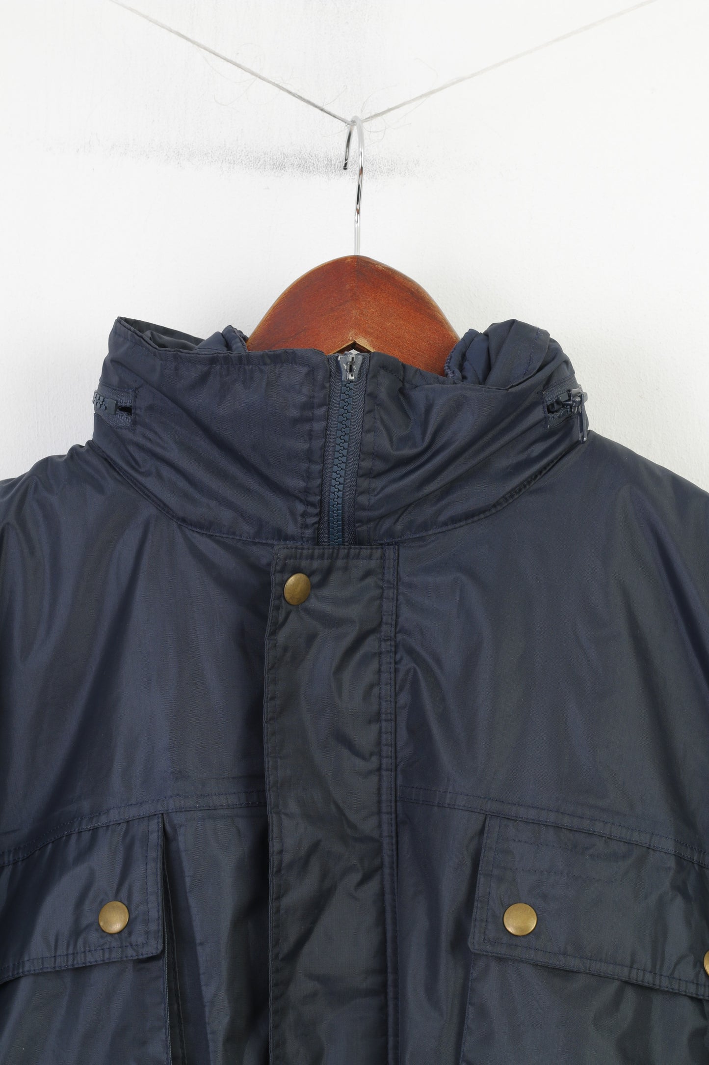 Vintage Men XL Jacket Navy Padded Full Zipper Hood Pockets Vintage Nylon Top