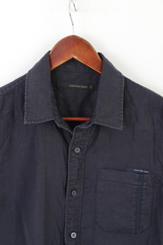 Calvin Klein Jeans Men S Casual Shirt Navy 100% Linen Summper Pocket Top