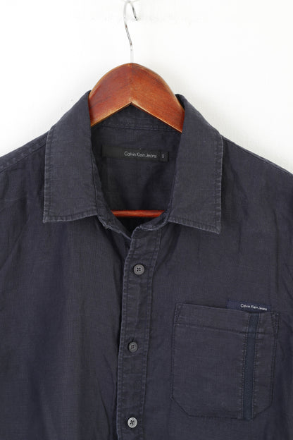 Calvin Klein Jeans Camicia casual da uomo Navy 100% lino Top con tasca estiva