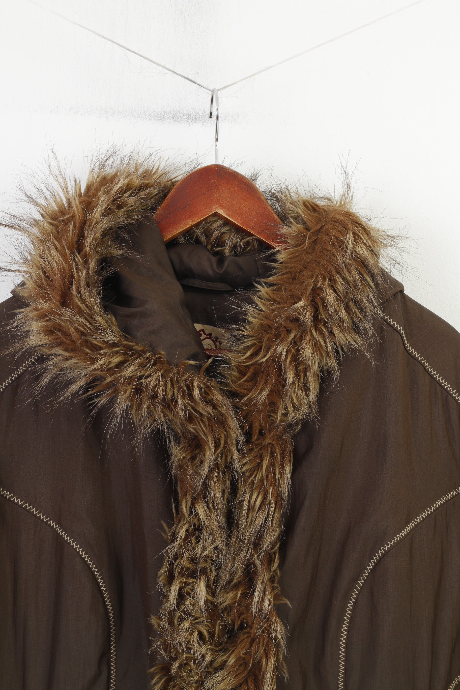 Ozzo Women XXL Coat Jacket Brown Padded Fur Hood Pockets Nylon Vintage Top