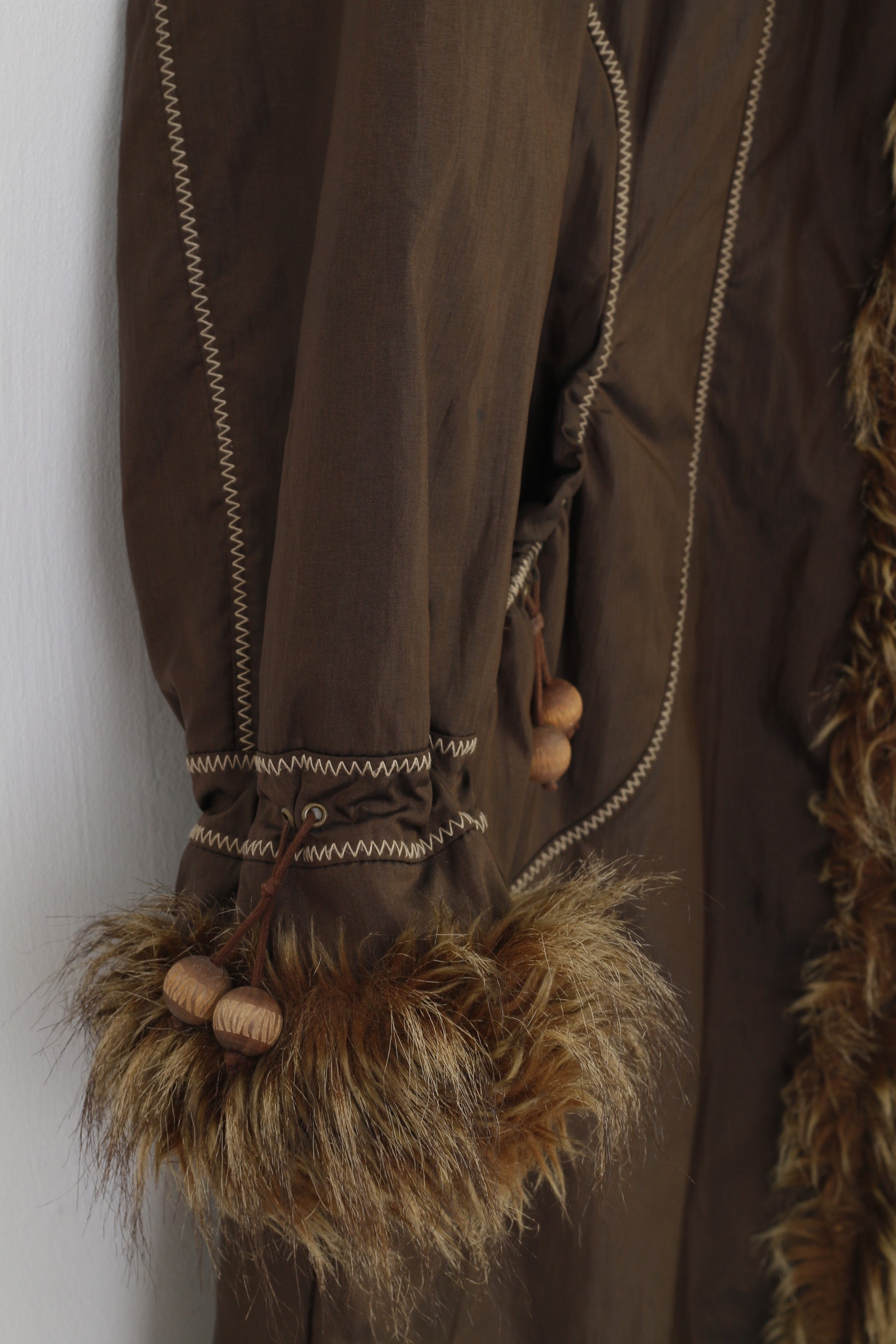 Ozzo Women XXL Coat Jacket Brown Padded Fur Hood Pockets Nylon Vintage Top