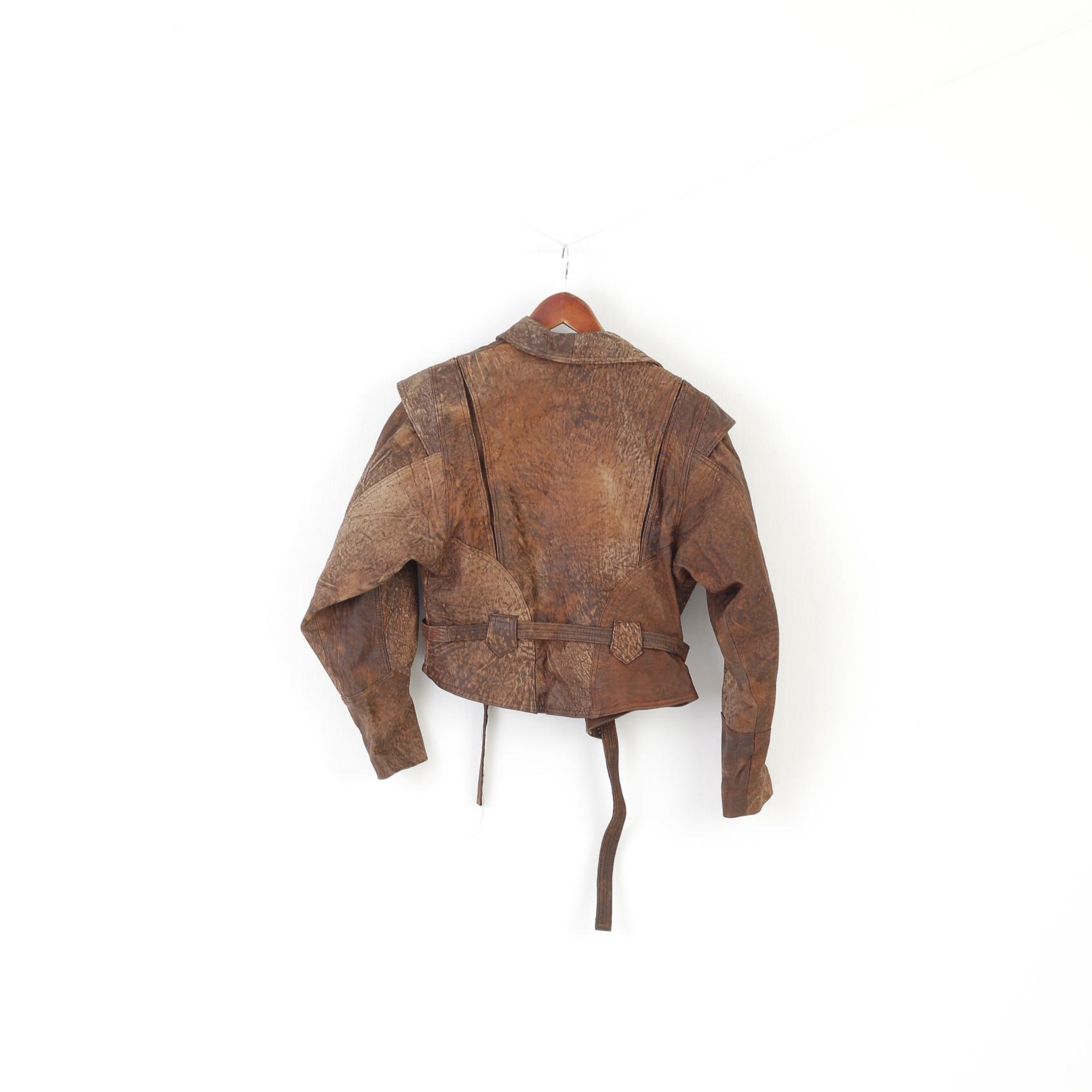 C&A Women 38 S Leather Jacket Brown Vintage 90s Leder Cropped Biker Top
