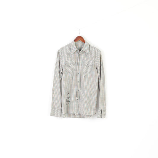 Diesel Men L Casual Shirt Gray Check Cotton Pockets Snap Long Sleeve Slim Top