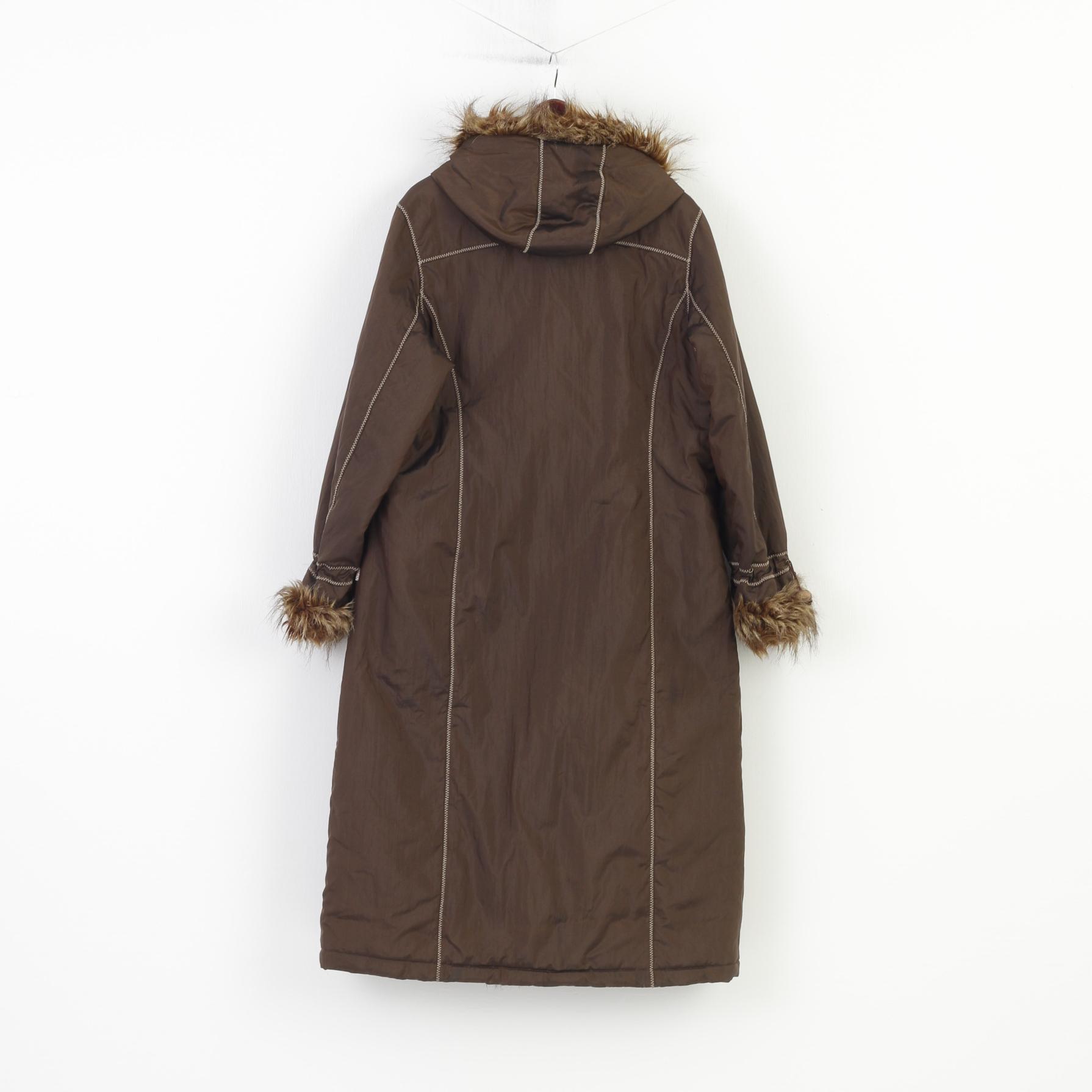 Ozzo Women XXL Coat Jacket Brown Padded Fur Hood Pockets Nylon Vintage Top