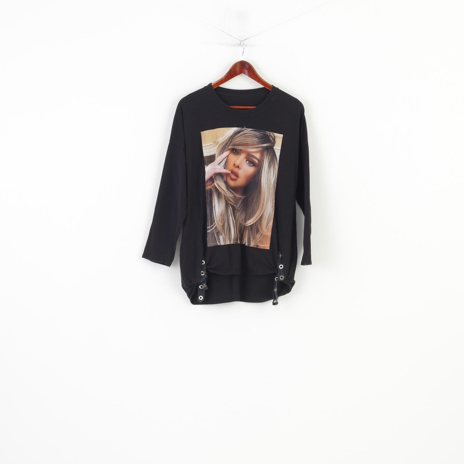 Vintage Women L Shirt Long Sleeve Crew Neck Black Graphic Vintage Classic Cotton Top