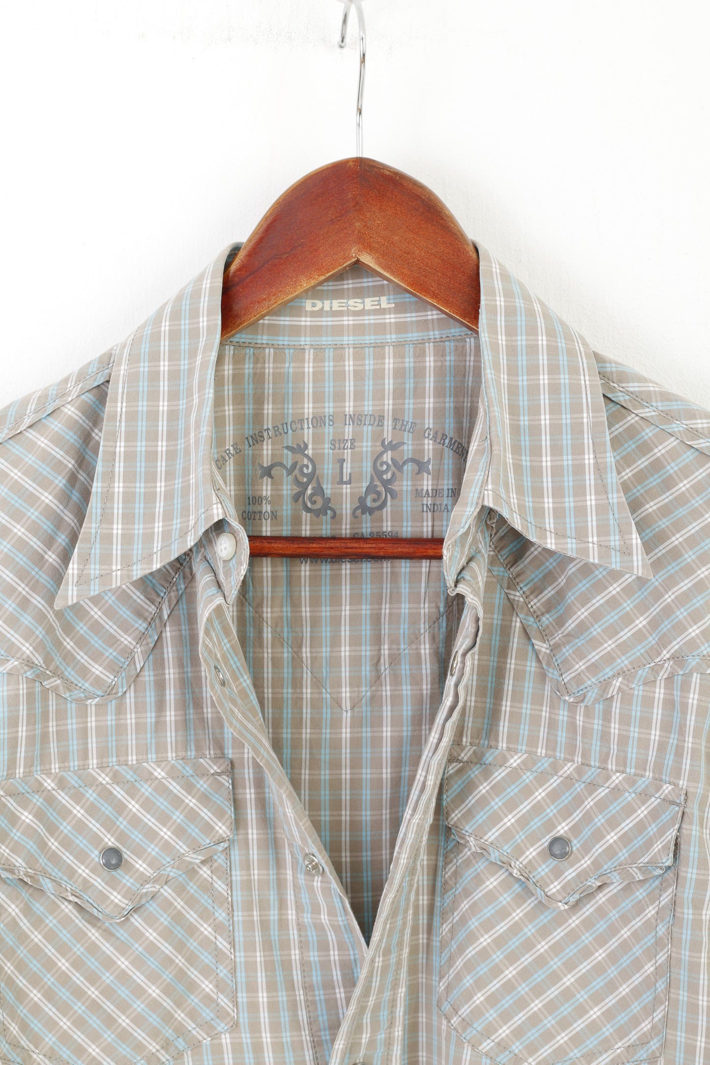 Diesel Camicia casual da uomo L Top slim a maniche lunghe con tasche in cotone a quadri grigi