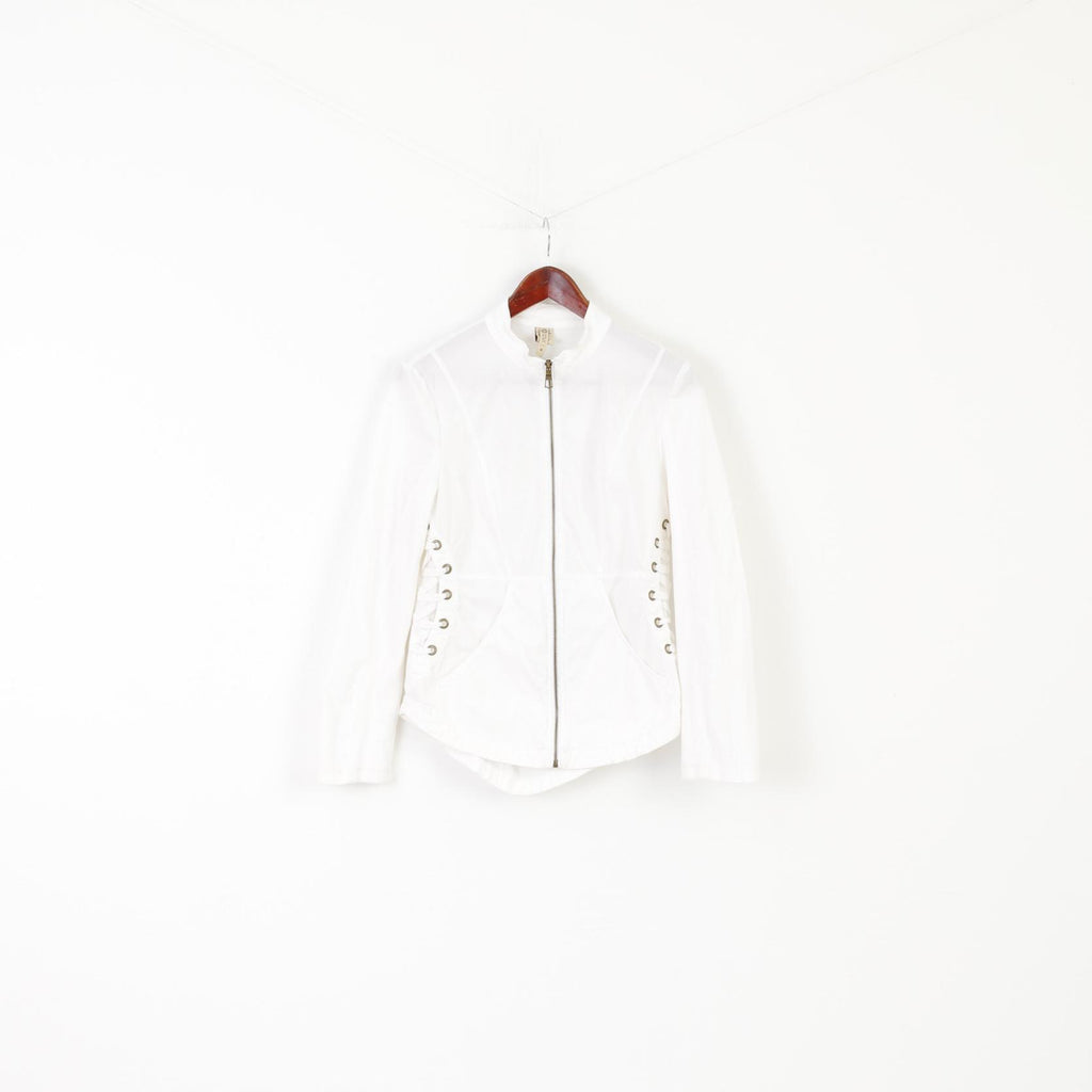 XCVI Women M Jacket White Cotton Lycra Fit Full Zipper Stretch Raw Edge Top