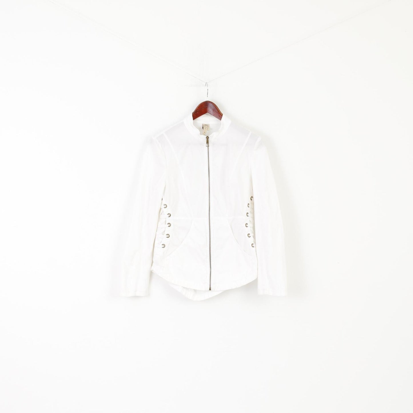 XCVI Women M Jacket White Cotton Lycra Fit Full Zipper Stretch Raw Edge Top