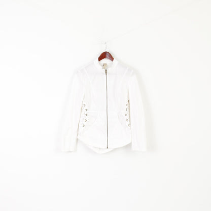 XCVI Women M Jacket White Cotton Lycra Fit Full Zipper Stretch Raw Edge Top