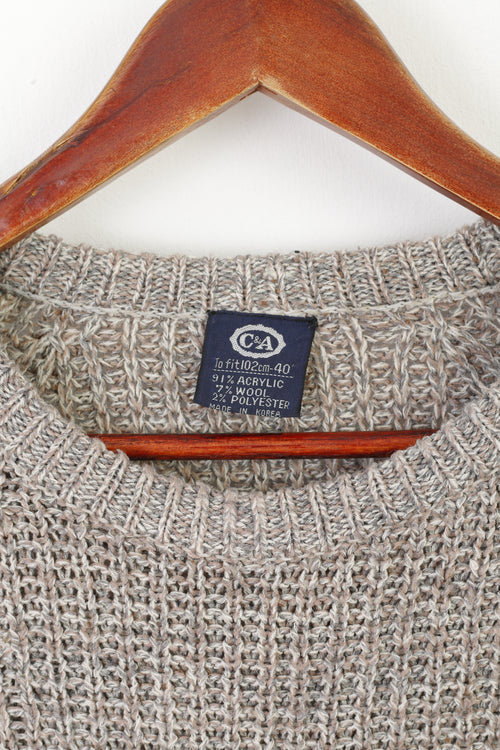 C&amp;A Homme 40 L Pull Gris Tricot Laine Acrylique Mélangée Col Rond Pull Classique