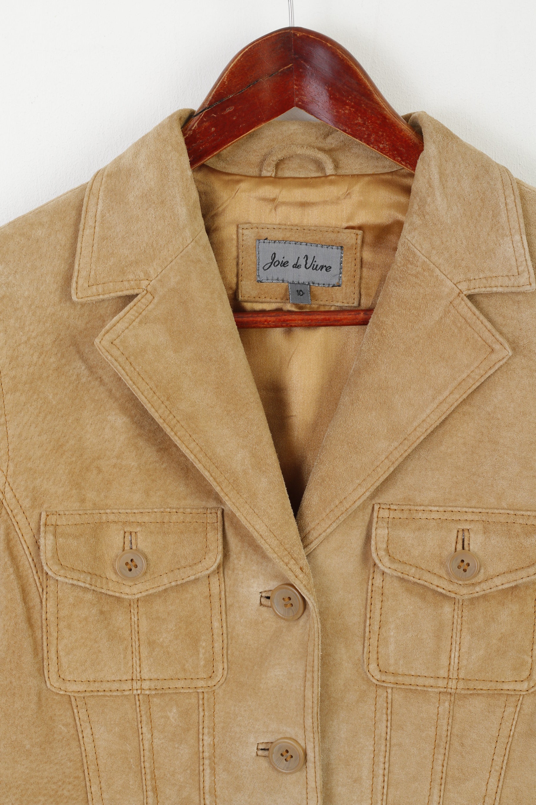 Joie de Vivre Women 10 S Jacket Beige Leather Suede Vintage Boho Shoulder Pads Top