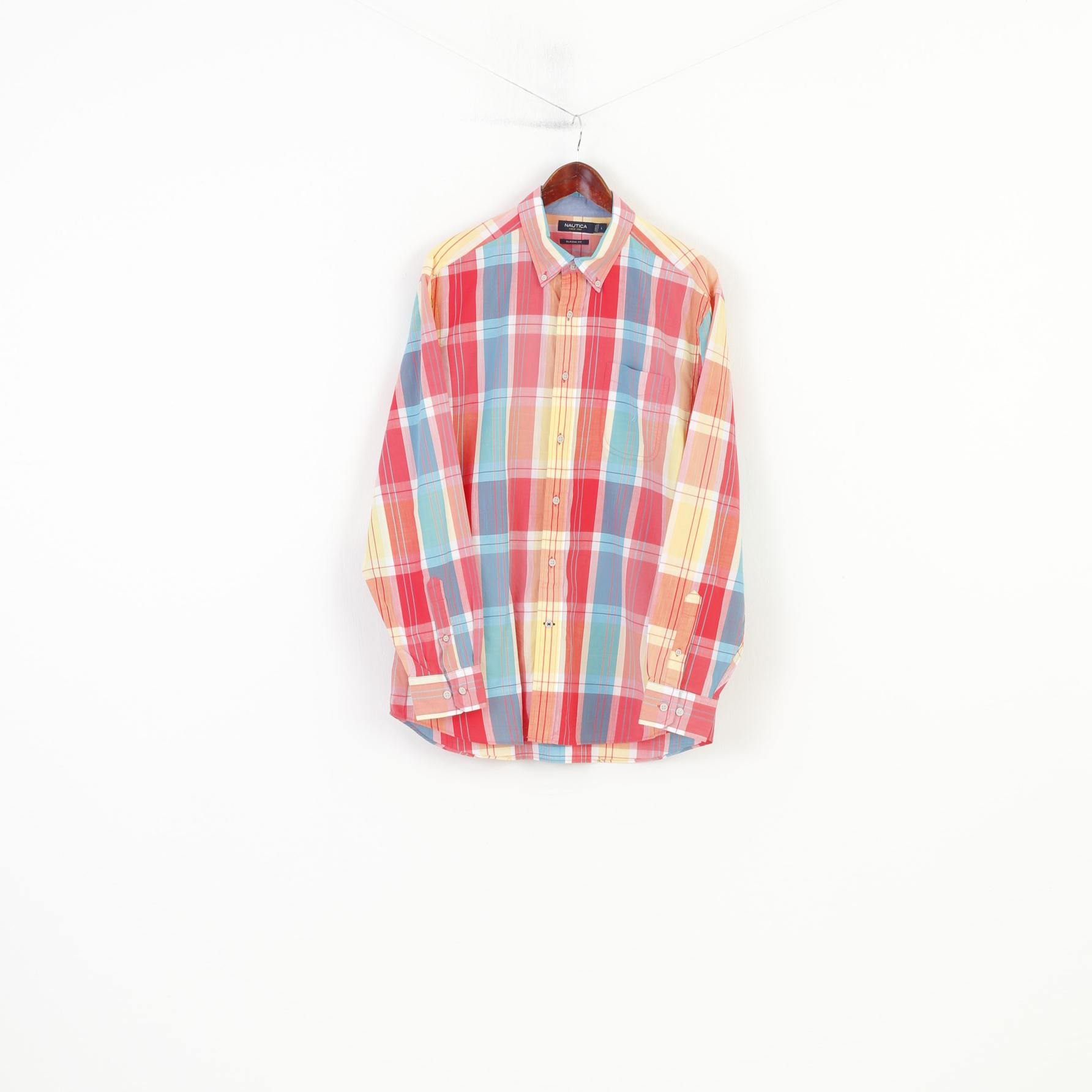 Nautica Men L Casual Shirt Classic Fit Checkered Cotton Long Sleeve Since 1983 Vintage Top