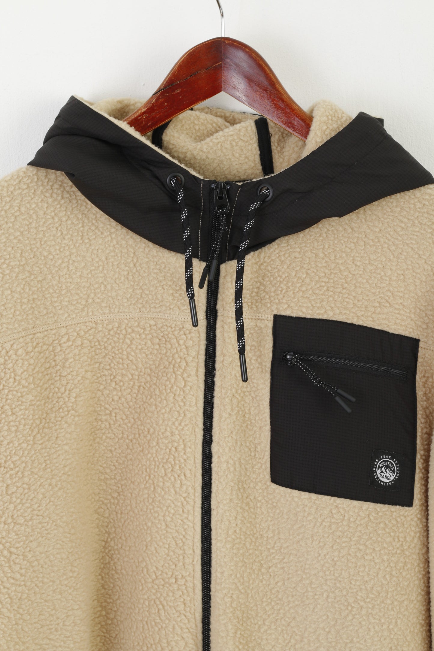 EASY Men XXL Fleece Top Beige Mountain Range Outdoor Full Zipper Hooded Sweatshirt