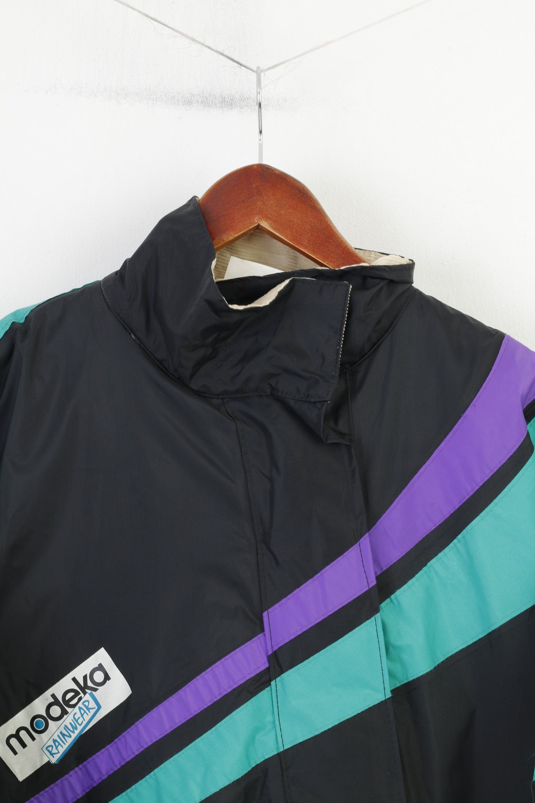 Tuta da sci da uomo Modeka L impermeabile in PVC nylon nero con cerniera intera colletto vintage imbottito