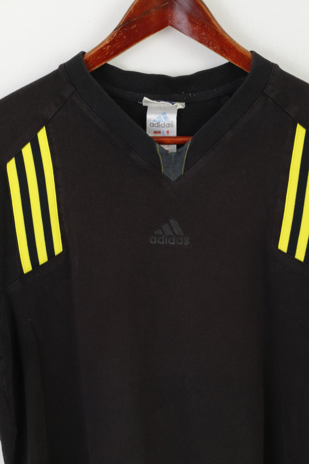 Adidas Men L Shirt Noir Coton vintage 90s Sportswear V Neck Active Top