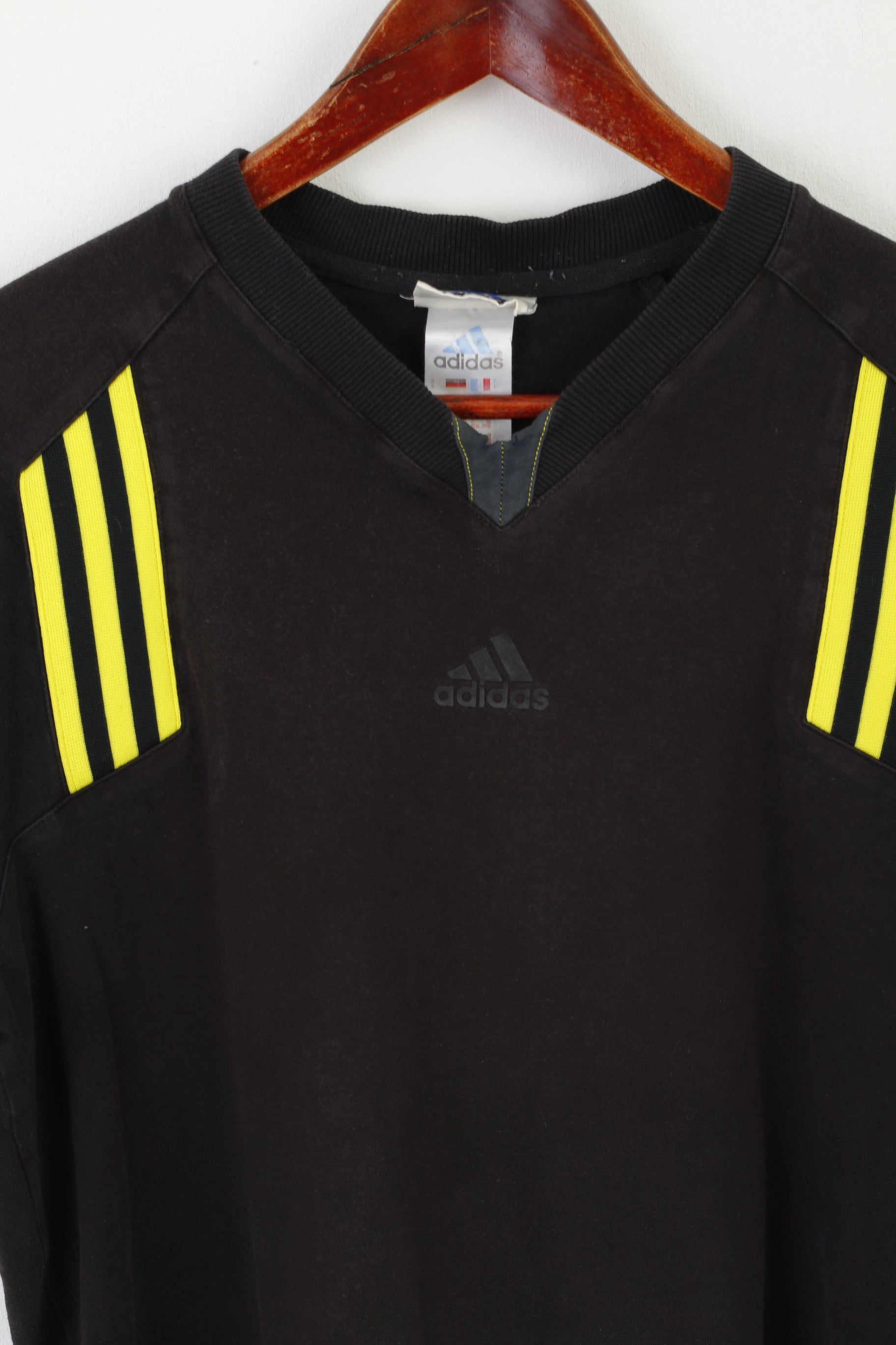 Adidas Men L Shirt Noir Coton vintage 90s Sportswear V Neck Active Top