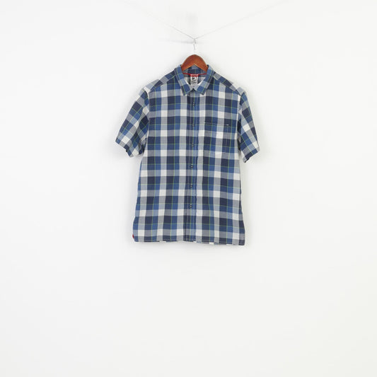 The North Face Men M Casual Shirt Checkered Blue Short Sleeve Cotton Classic Top