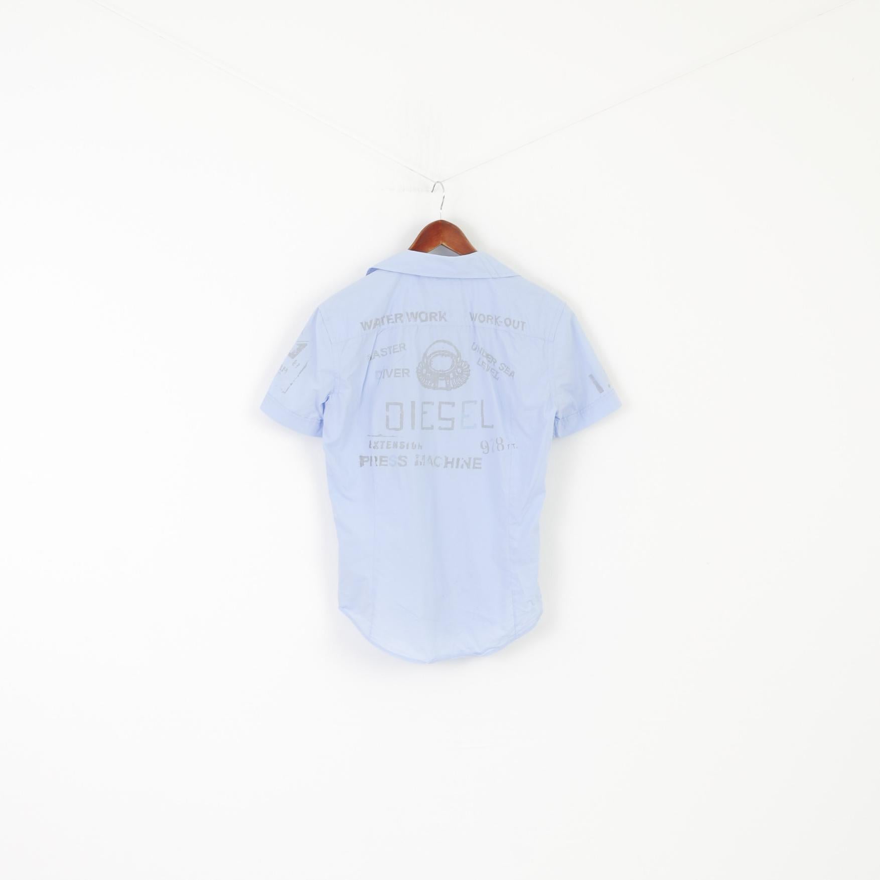 Diesel Men M Casual Shirt Blue Cotton Water Work Under Sea Diver Short Sleeve Top