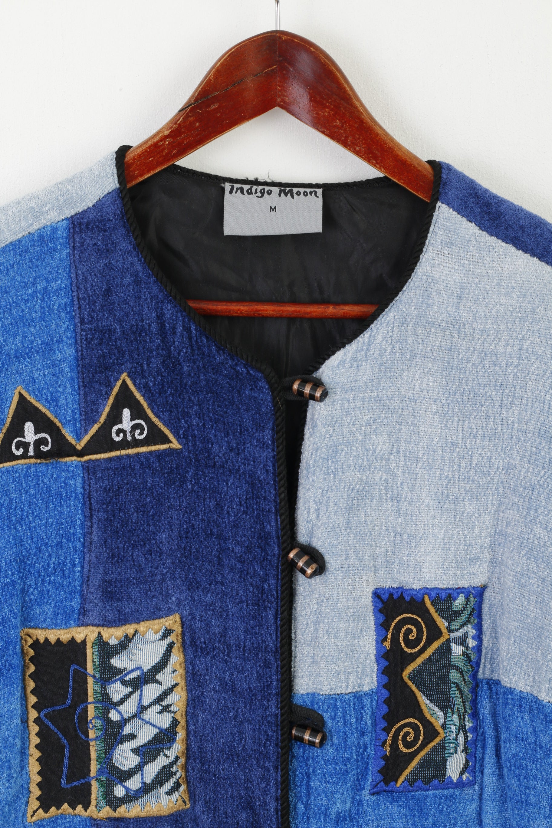 Indigo Moon Women M Jacket Blue Viscose Patchwork Emroidered Shoulder Pads Blazer