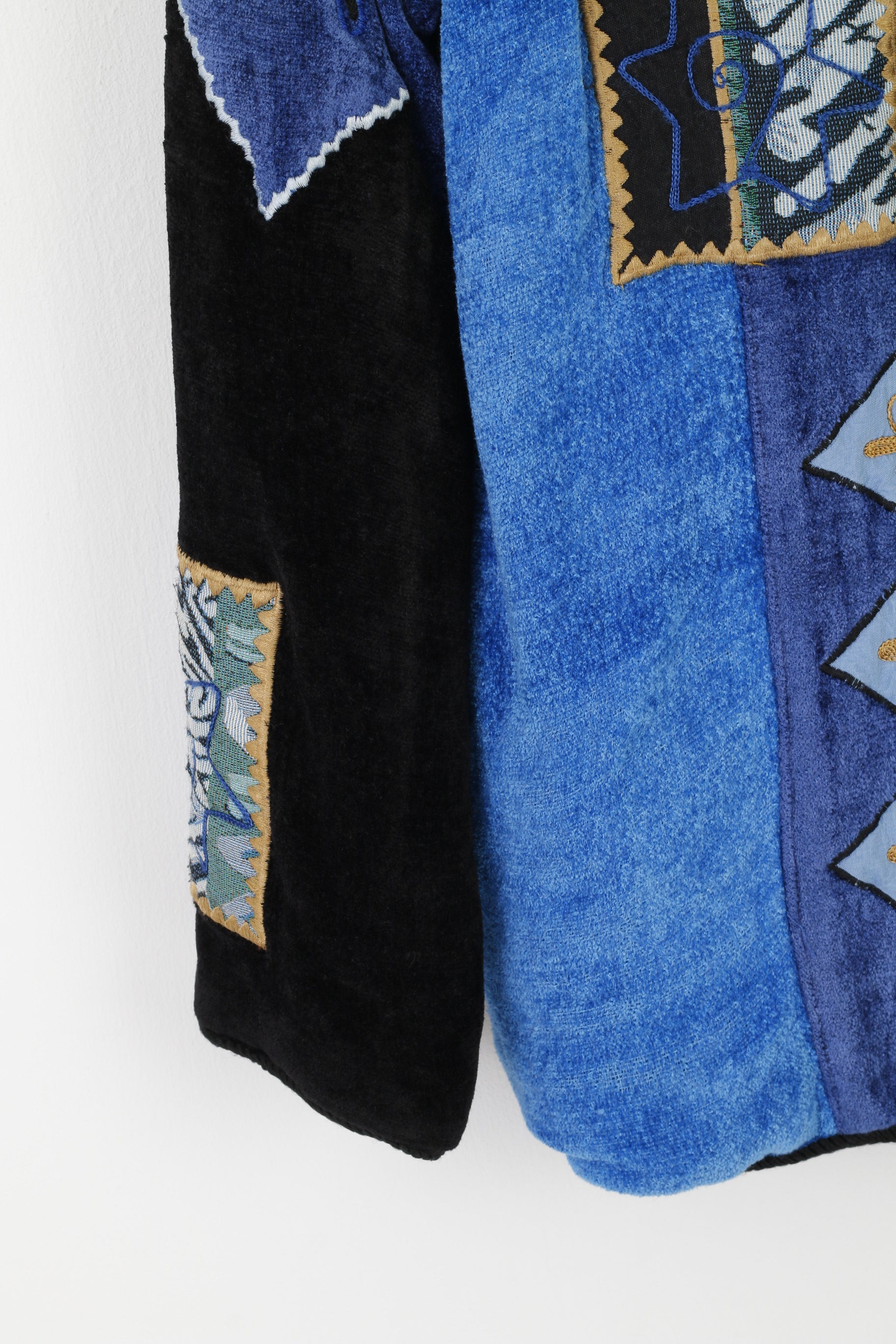 Indigo Moon Women M Jacket Blue Viscose Patchwork Emroidered Shoulder Pads Blazer