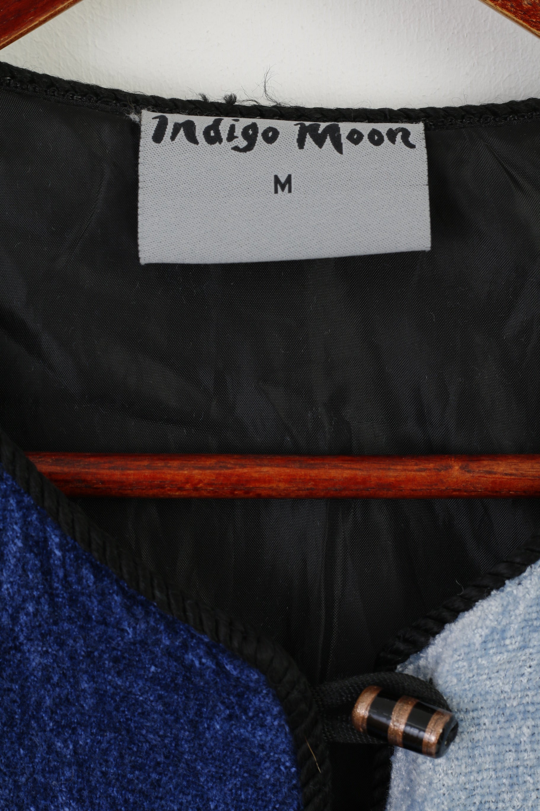 Indigo Moon Women M Jacket Blue Viscose Patchwork Emroidered Shoulder Pads Blazer