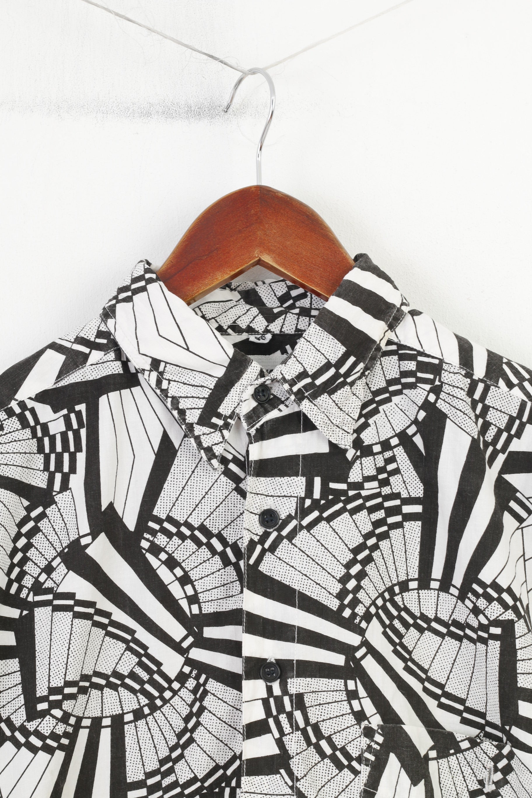 AD HOC Men M Casual Shirt Long Sleeve Collar Abstract Vintage Classic White Black Top