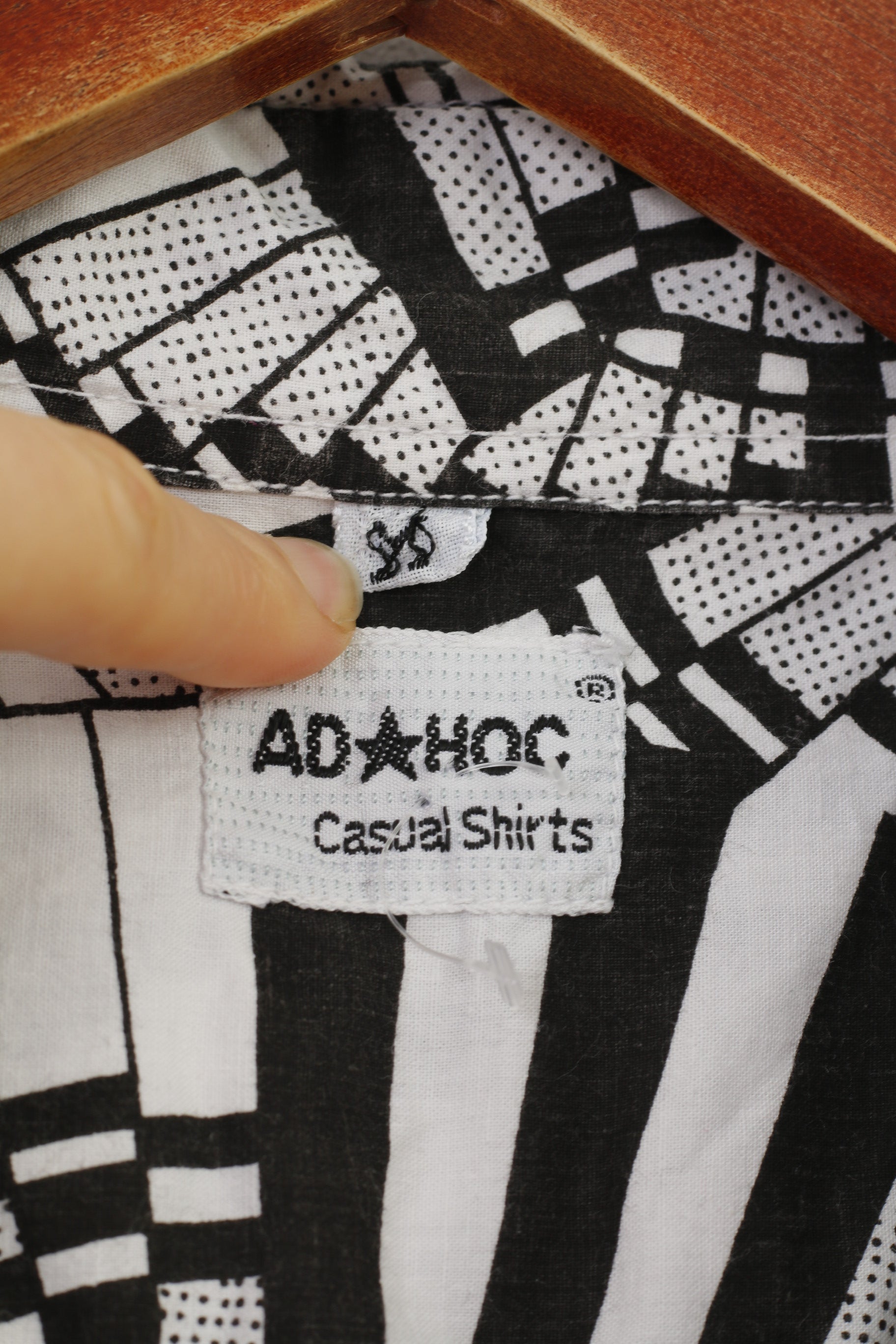 AD HOC Men M Casual Shirt Long Sleeve Collar Abstract Vintage Classic White Black Top