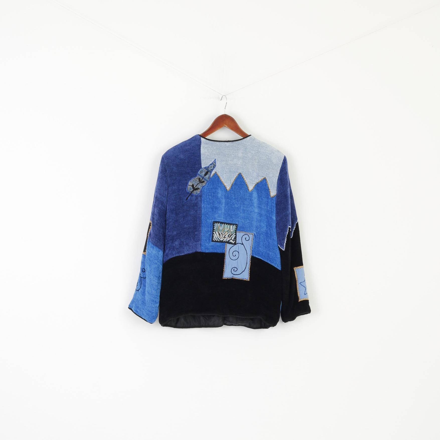 Indigo Moon Women M Jacket Blue Viscose Patchwork Emroidered Shoulder Pads Blazer