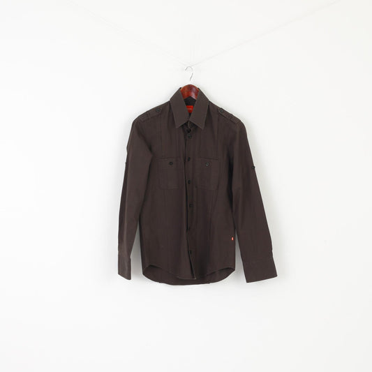 Hugo Boss Men S Casual Shirt Brown Cotton Military Pockets Long Sleeve Top