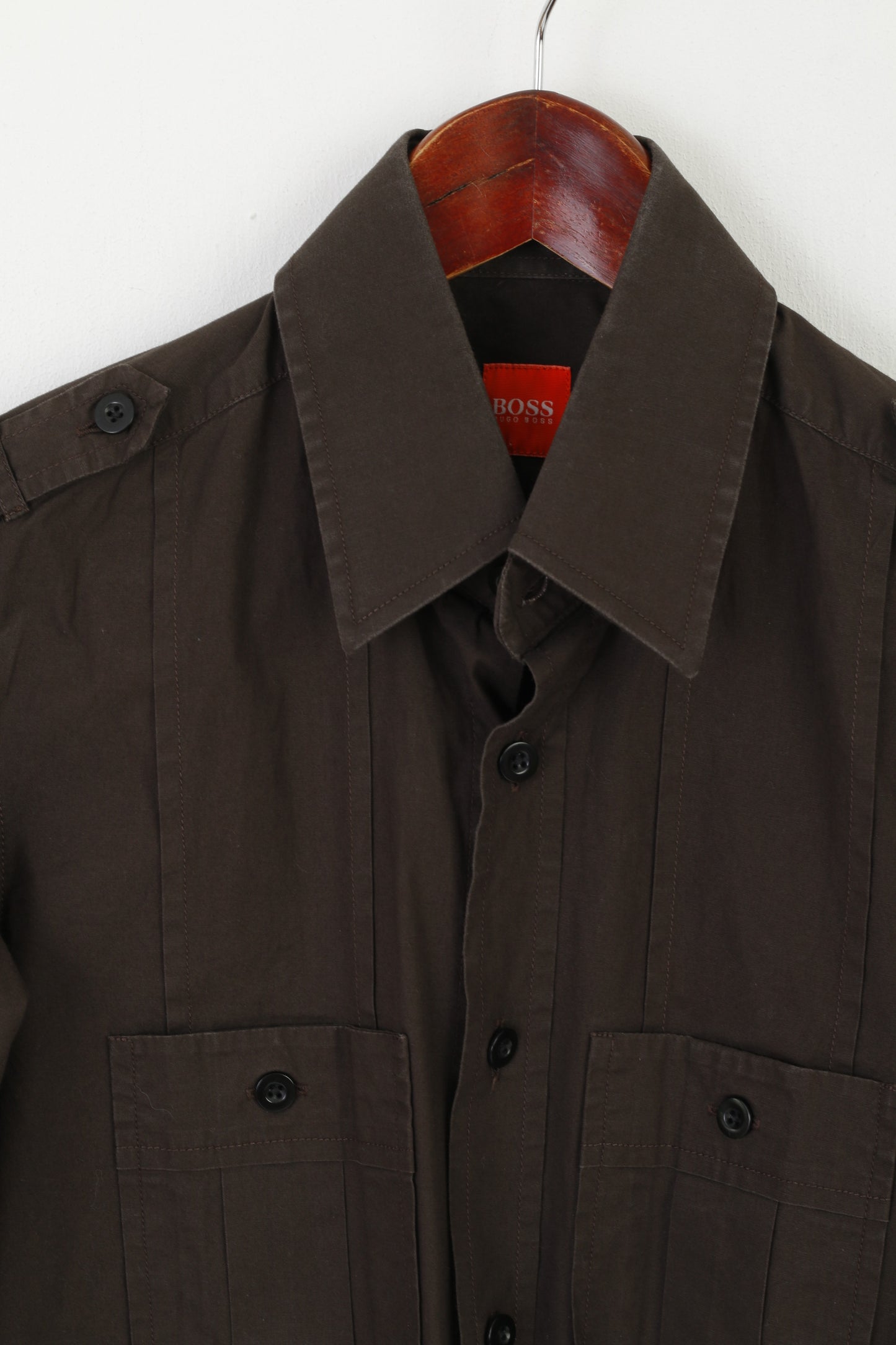 Hugo Boss Camicia casual da uomo S Top a maniche lunghe con tasche militari in cotone marrone