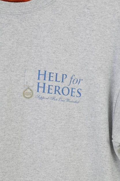 Help For Heroes Men L T-Shirt Gray Cotton Graphic Military Crew Neck Vintage  Top