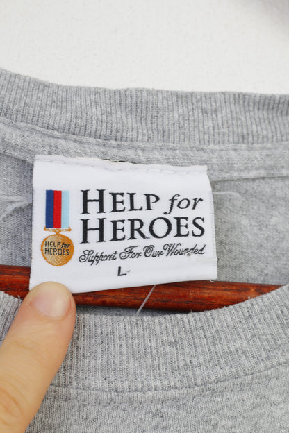 Help For Heroes Men L T-Shirt Gray Cotton Graphic Military Crew Neck Vintage  Top