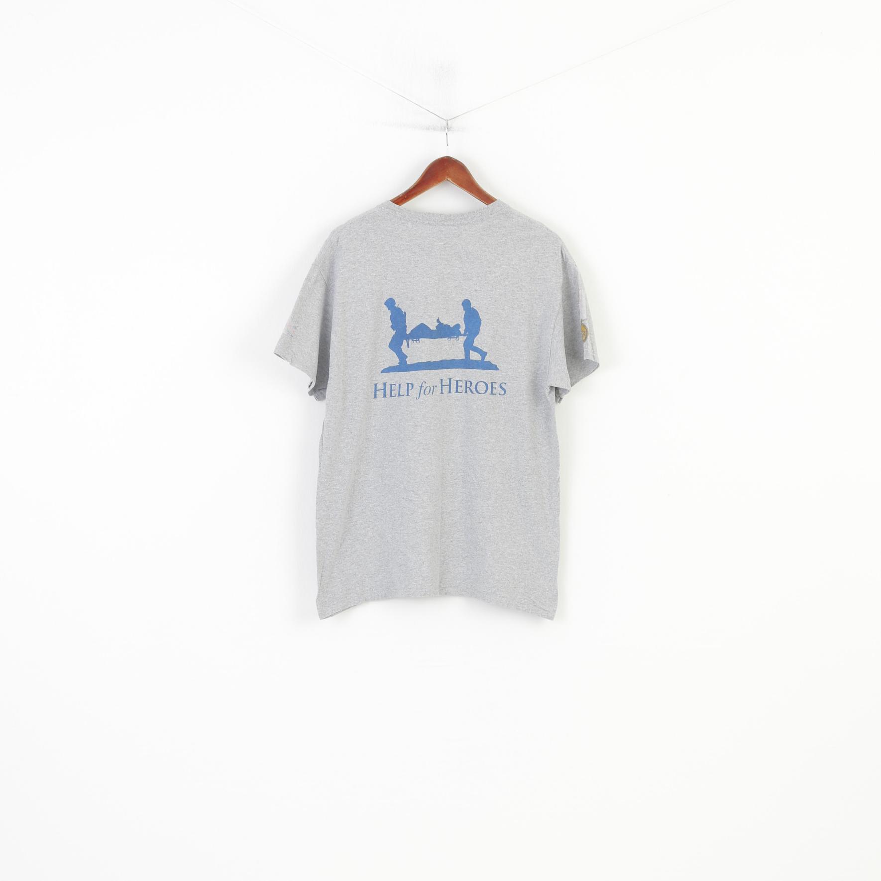 Help For Heroes Men L T-Shirt Gray Cotton Graphic Military Crew Neck Vintage  Top