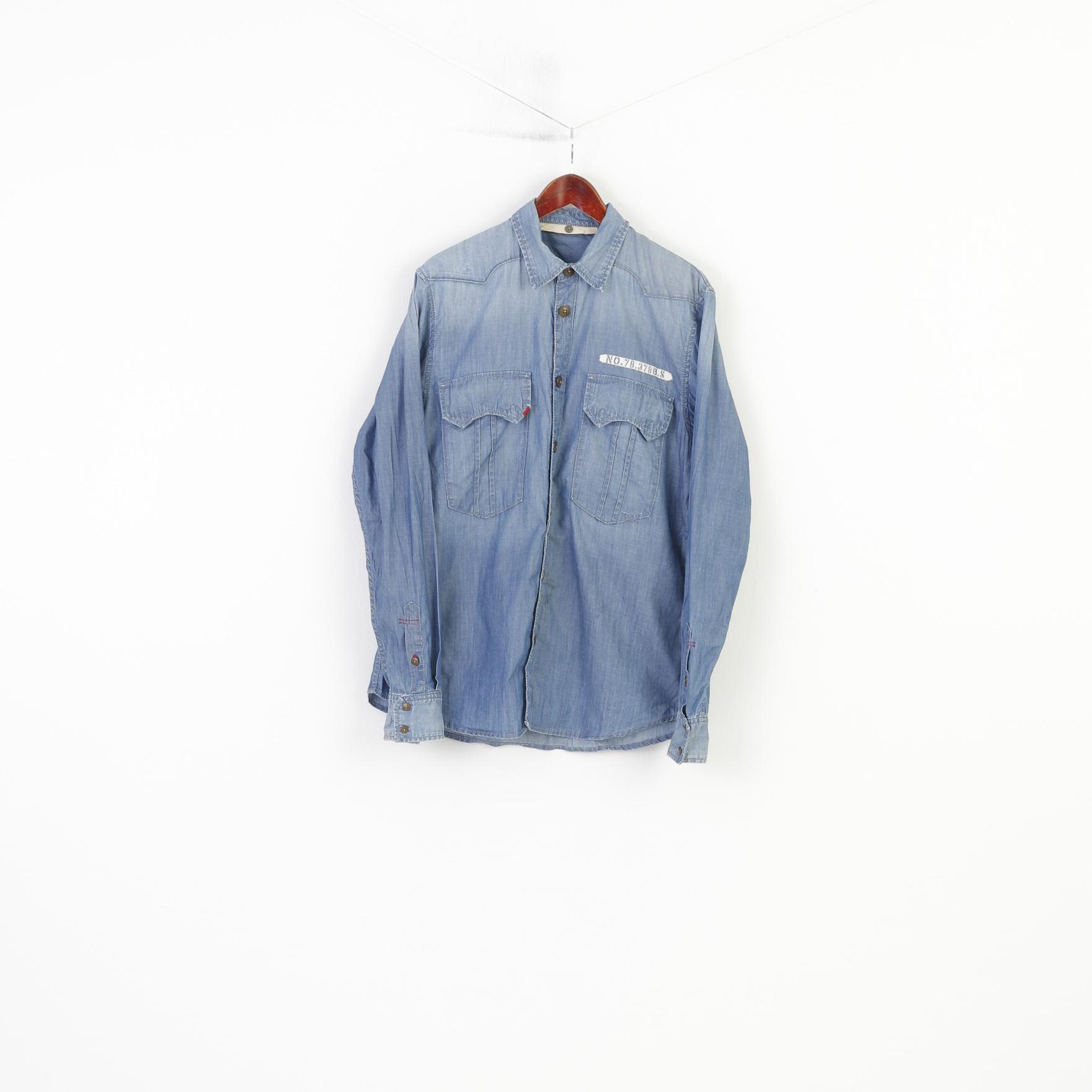 Big Star Men 2XL XL Casual Shirt Cotton Jeans Denim Blue Long Sleeve Pockets Collar  Top