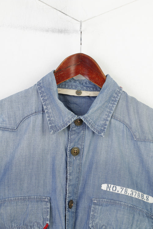 Big Star hommes 2XL XL chemise décontractée coton jean Denim bleu manches longues poches col haut 
