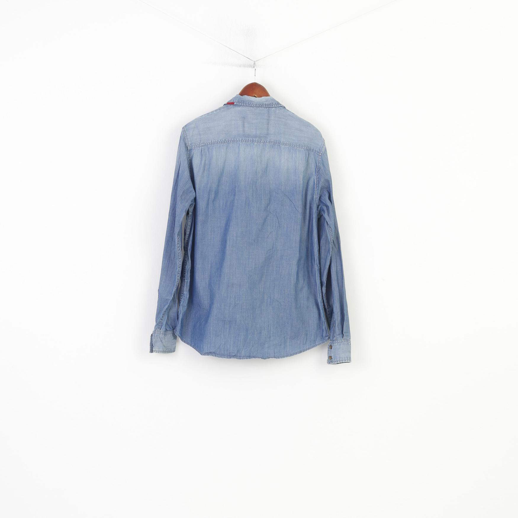 Big Star Men 2XL XL Casual Shirt Cotton Jeans Denim Blue Long Sleeve Pockets Collar  Top