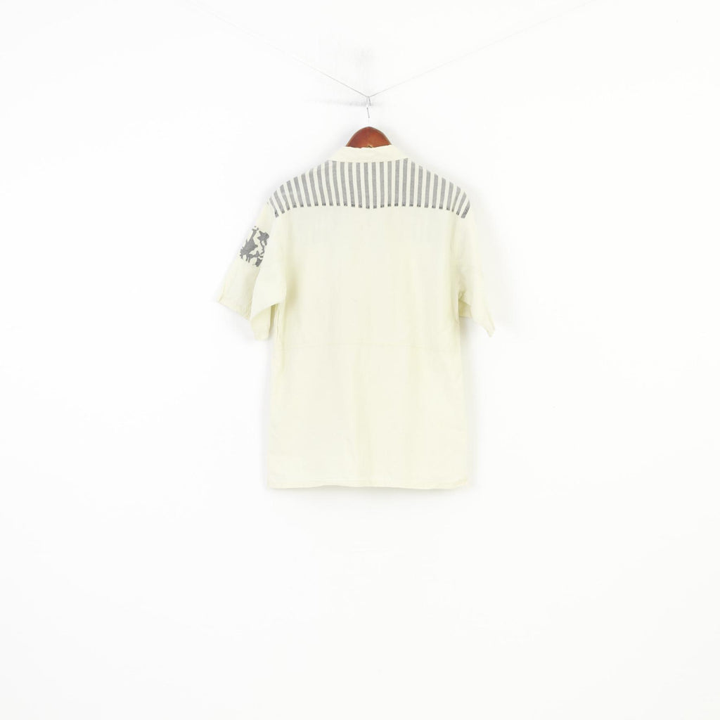 Polo vintage da uomo in cotone giallo con tasche a maniche corte a righe anni '90 dettagliate e logo vintage 