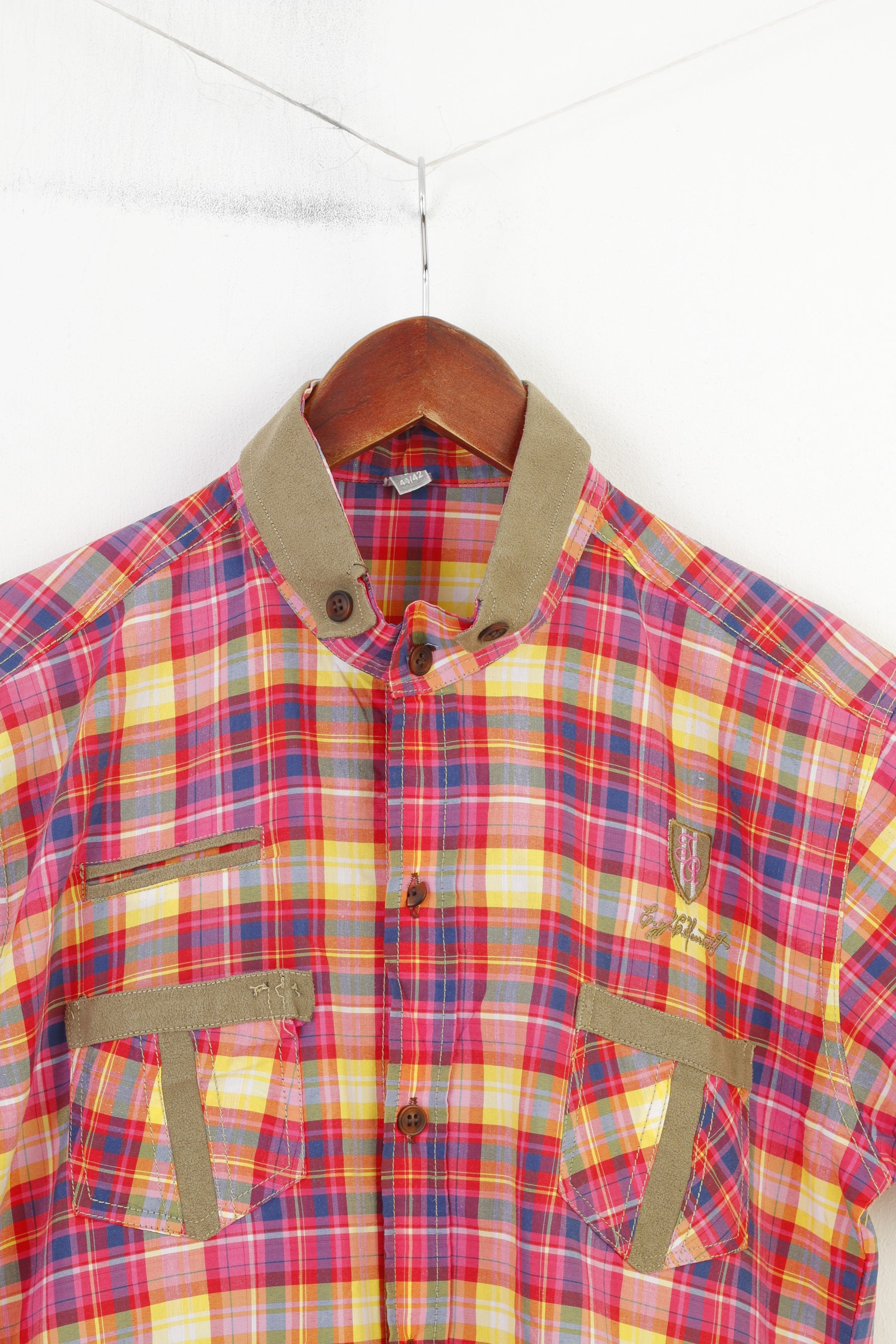 JR Men L S Casual Shirt Checkered Pink Cotton Pockets Stand-Up Collar Fit Short Sleeve Classic   Top