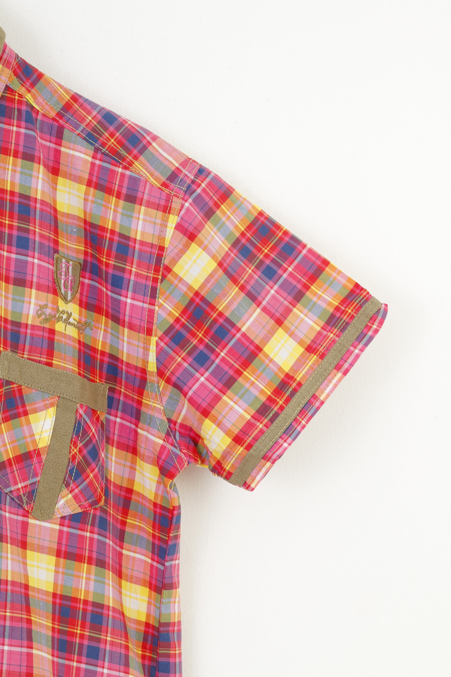 JR Men L S Casual Shirt Checkered Pink Cotton Pockets Stand-Up Collar Fit Short Sleeve Classic   Top