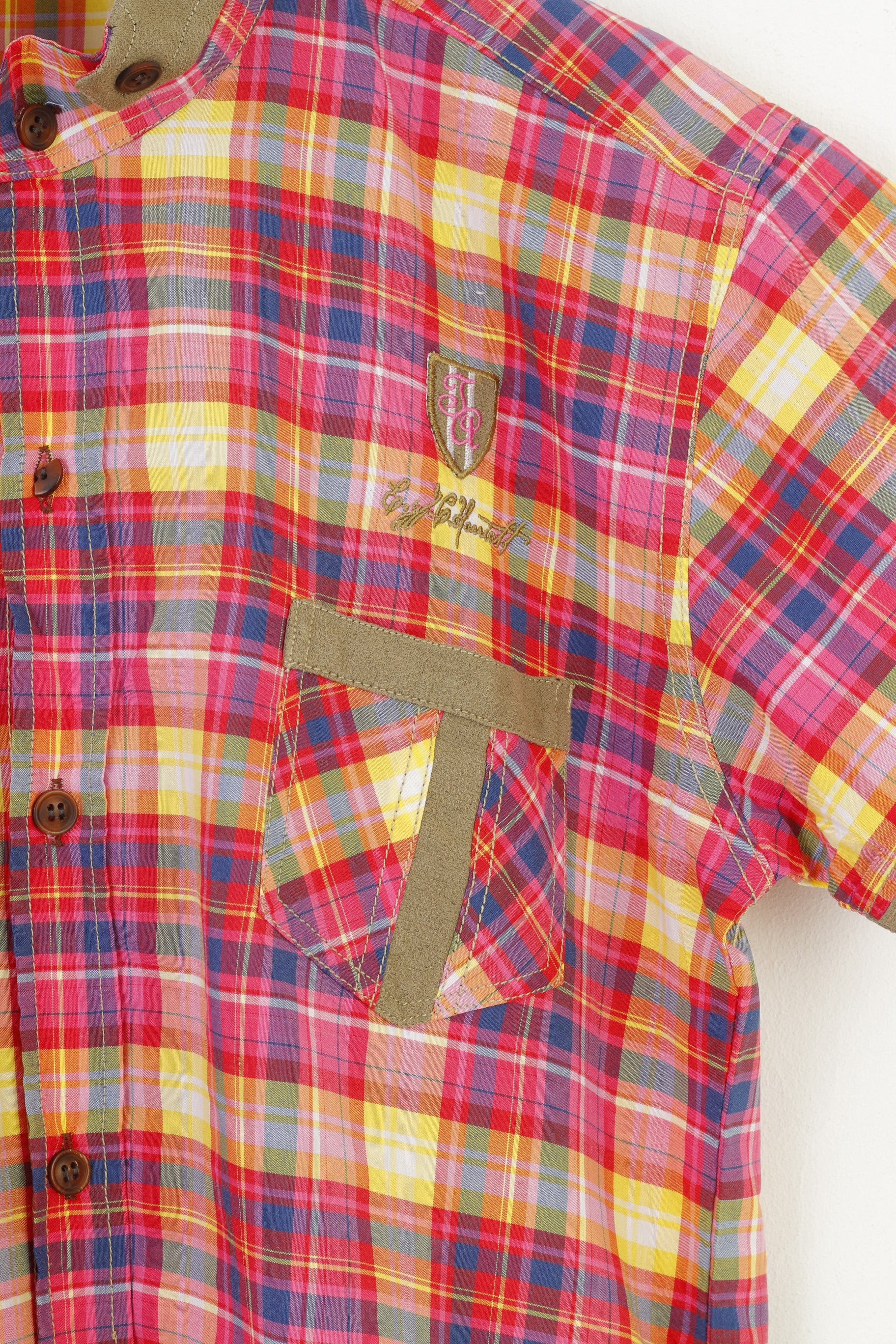 JR Men L S Casual Shirt Checkered Pink Cotton Pockets Stand-Up Collar Fit Short Sleeve Classic   Top