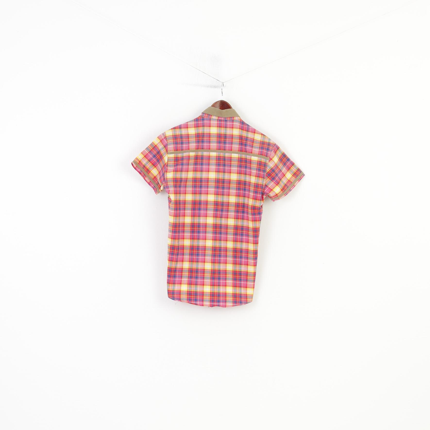 JR Men L S Casual Shirt Checkered Pink Cotton Pockets Stand-Up Collar Fit Short Sleeve Classic   Top