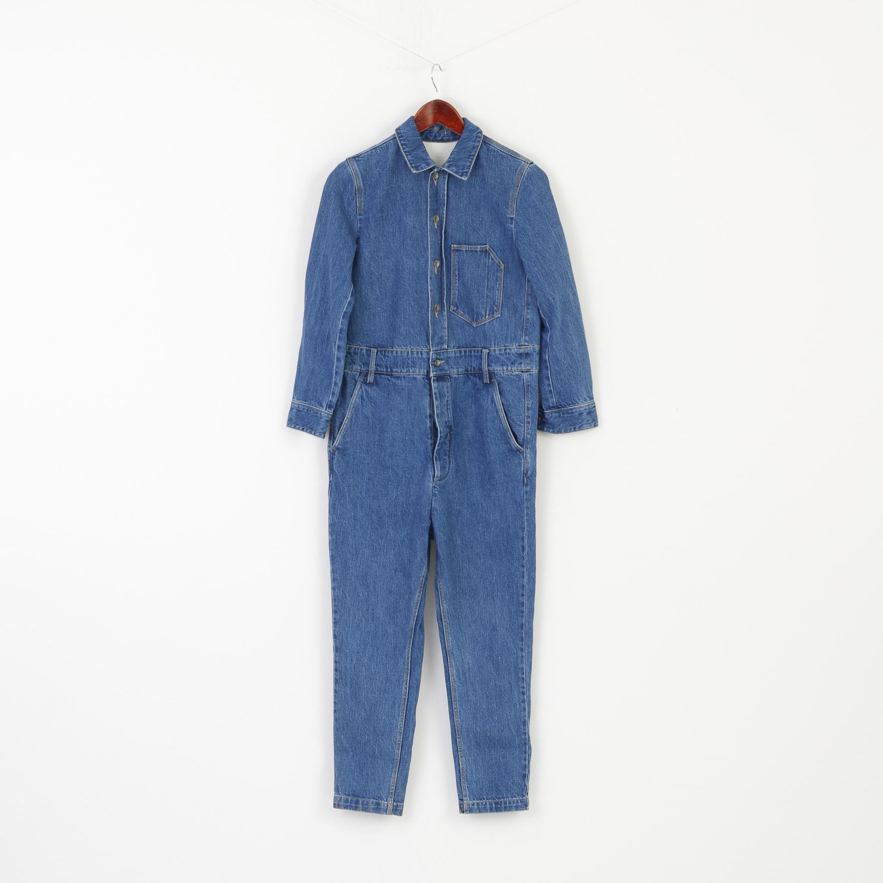 Jnby Women XS Dungarees Blue Denim Cotton Long Sleeve Button Up Overalls