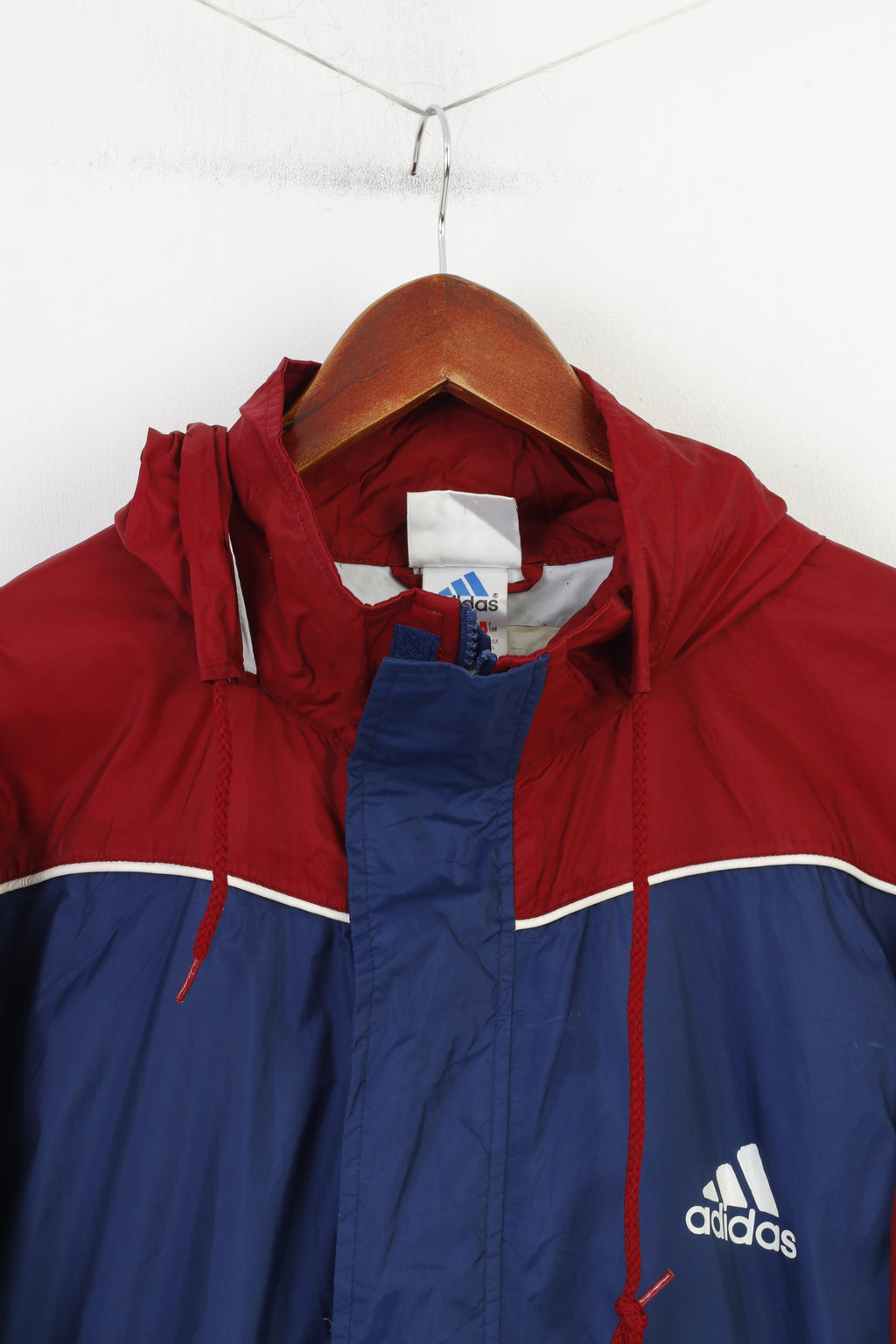 Adidas Hommes XL Veste Légère Fermeture Éclair Complète Marine Nylon À Capuchon Sportswear Vintage Haut Imperméable 